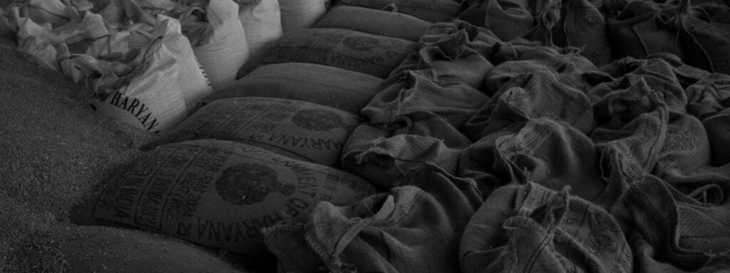 Sacks of grain stacked in a storage warehouse